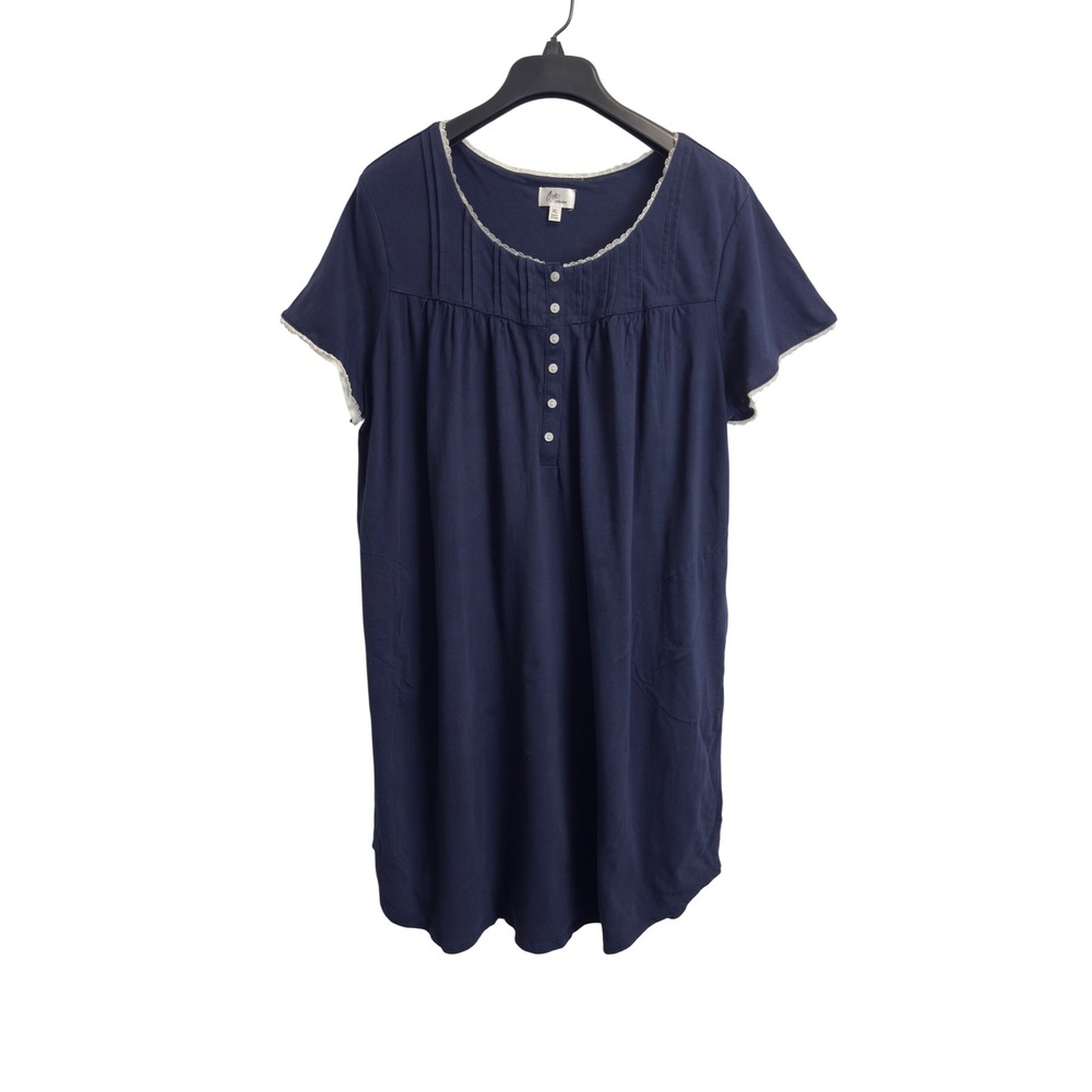 Aria Collection Navy Blue Cotton Lace Trim Nightgown Sleep Dress XL Pockets